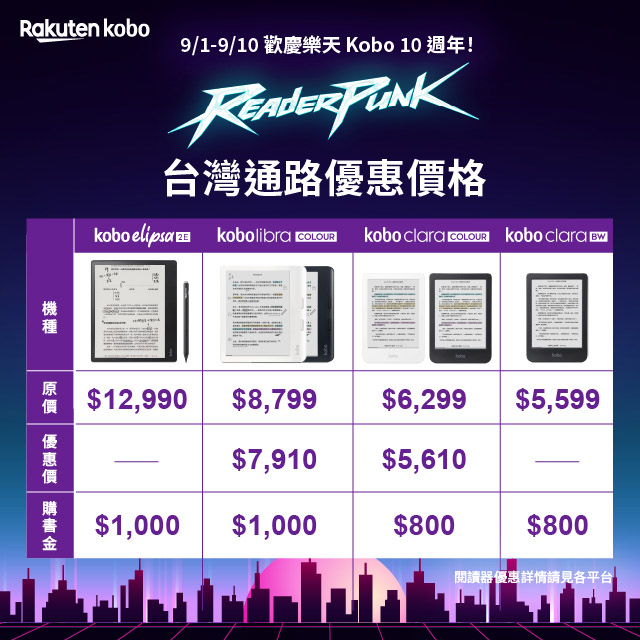 樂天 Kobo 來台十週年「ReaderPunk」活動，閱讀器、全站書籍享優惠 - 老貓測3C